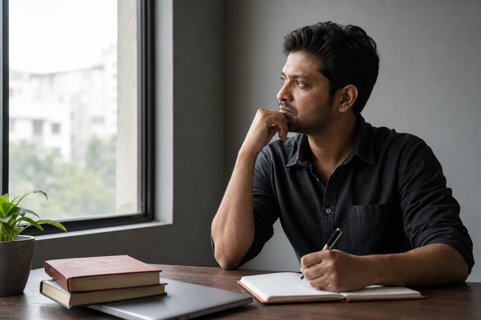 An Indian professional reflecting at a desk in soft window light