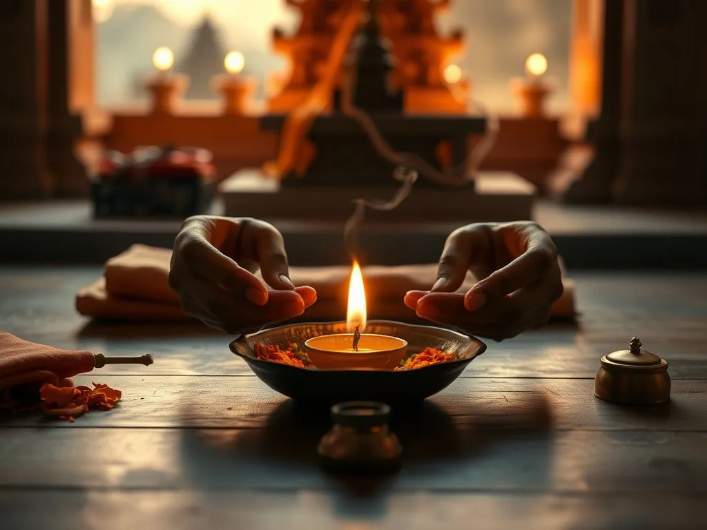 A home pooja with diyas lit