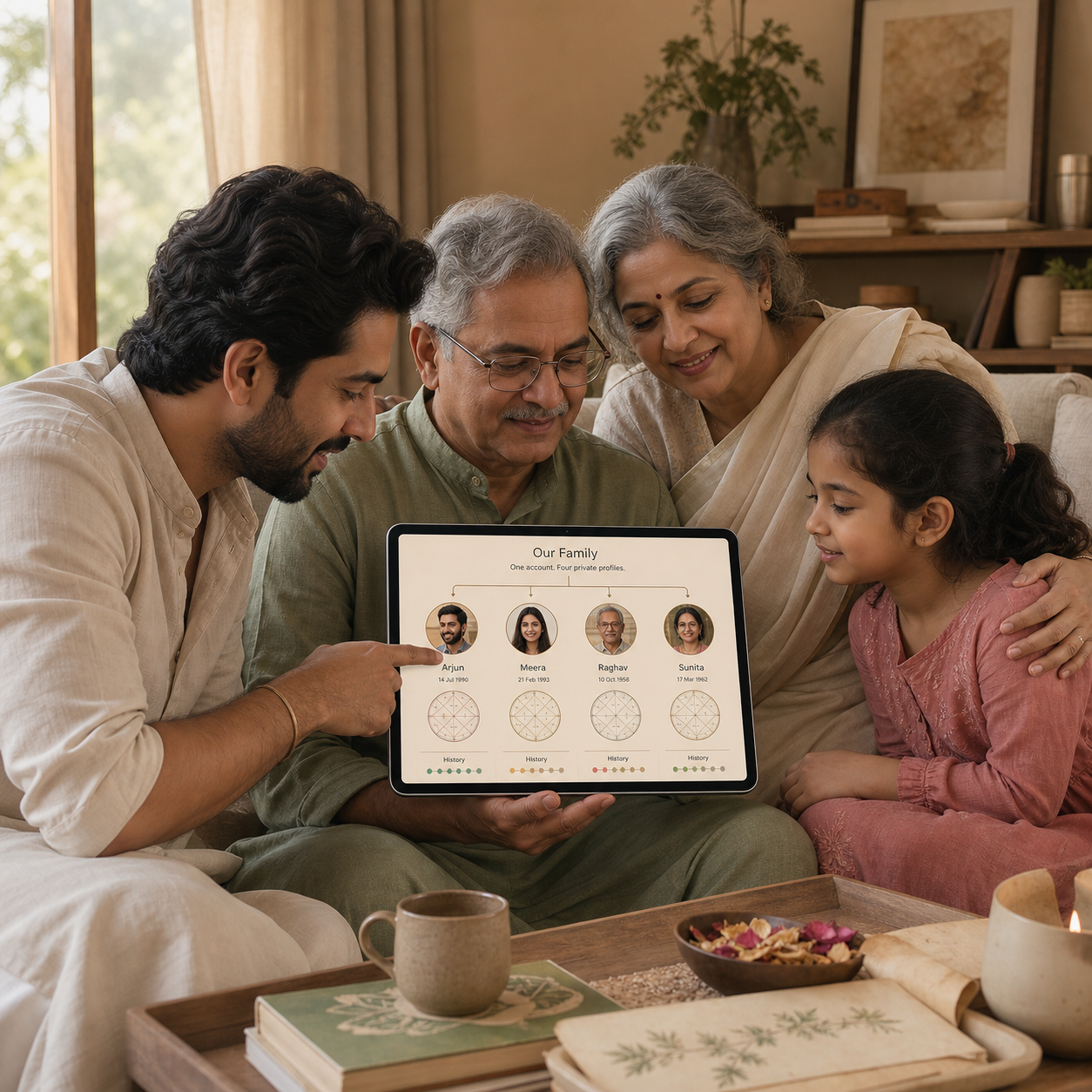 An Indian family viewing separate private profiles together