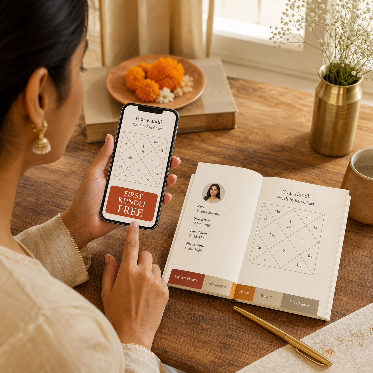 An Indian woman claiming her first free Kundli beside a real North Indian birth chart