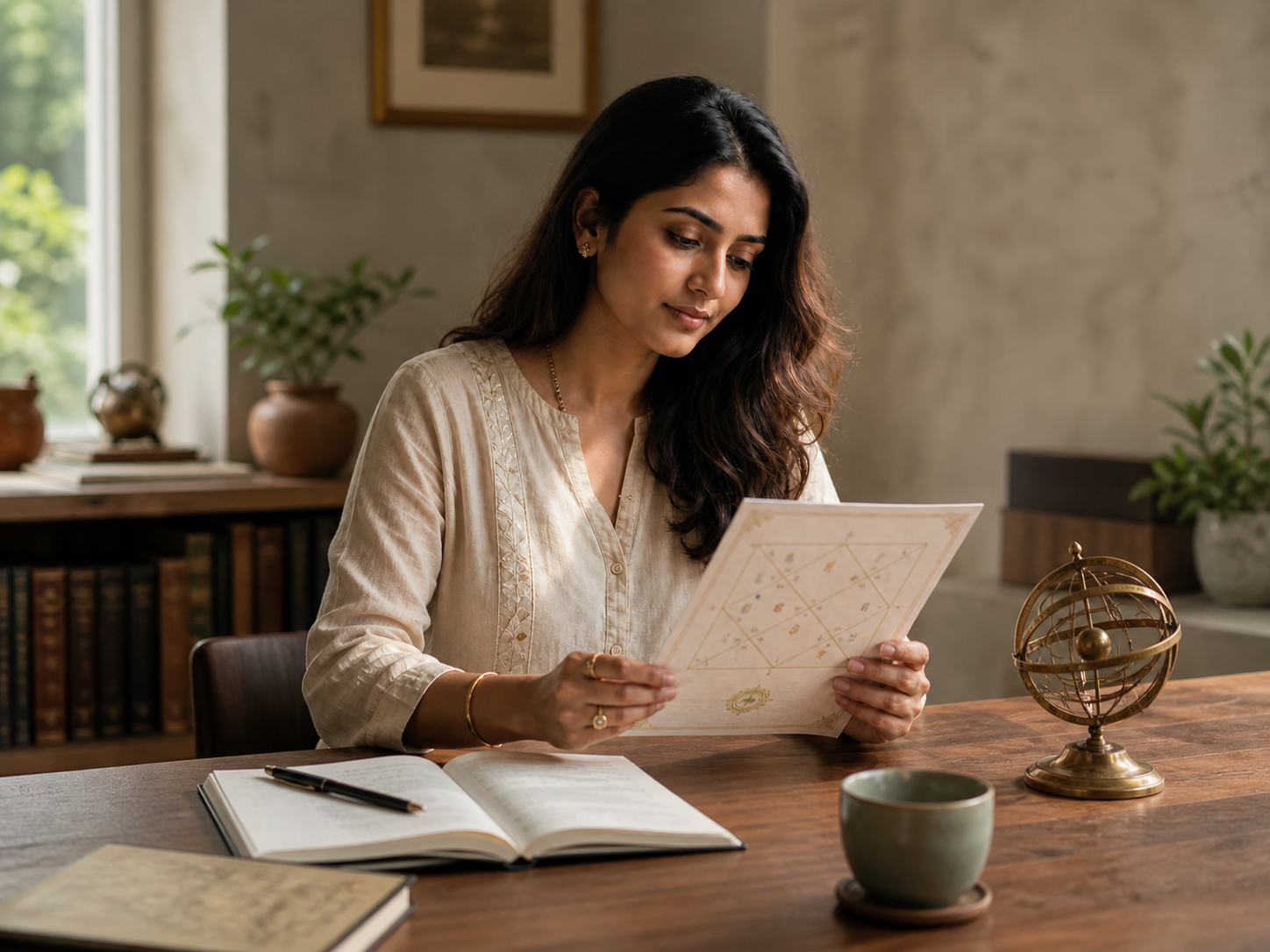 A woman reads her Kundli at a quiet study table