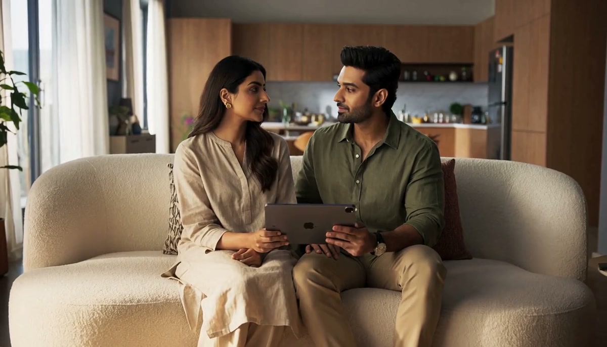Contemporary Indian couple reviewing their matching result together
