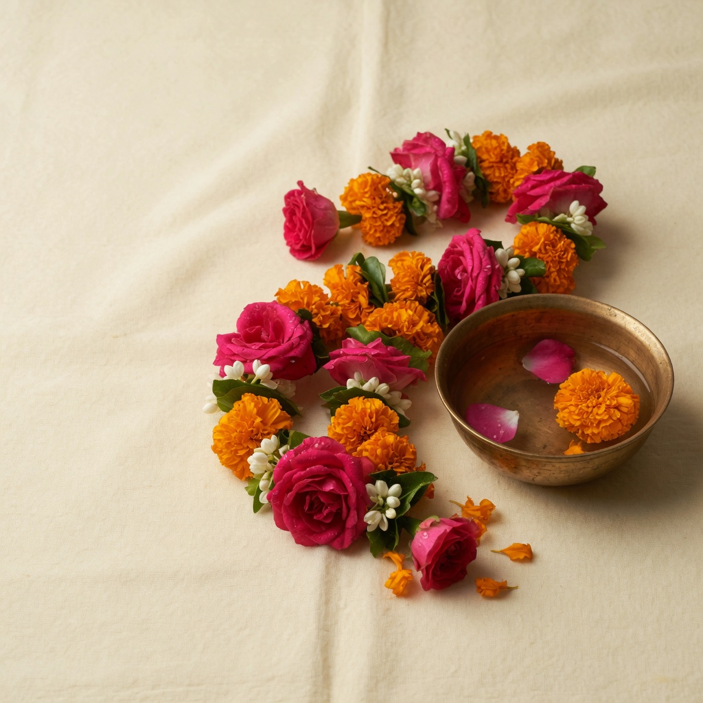 Illustration of a flower garland and brass bowl of petals