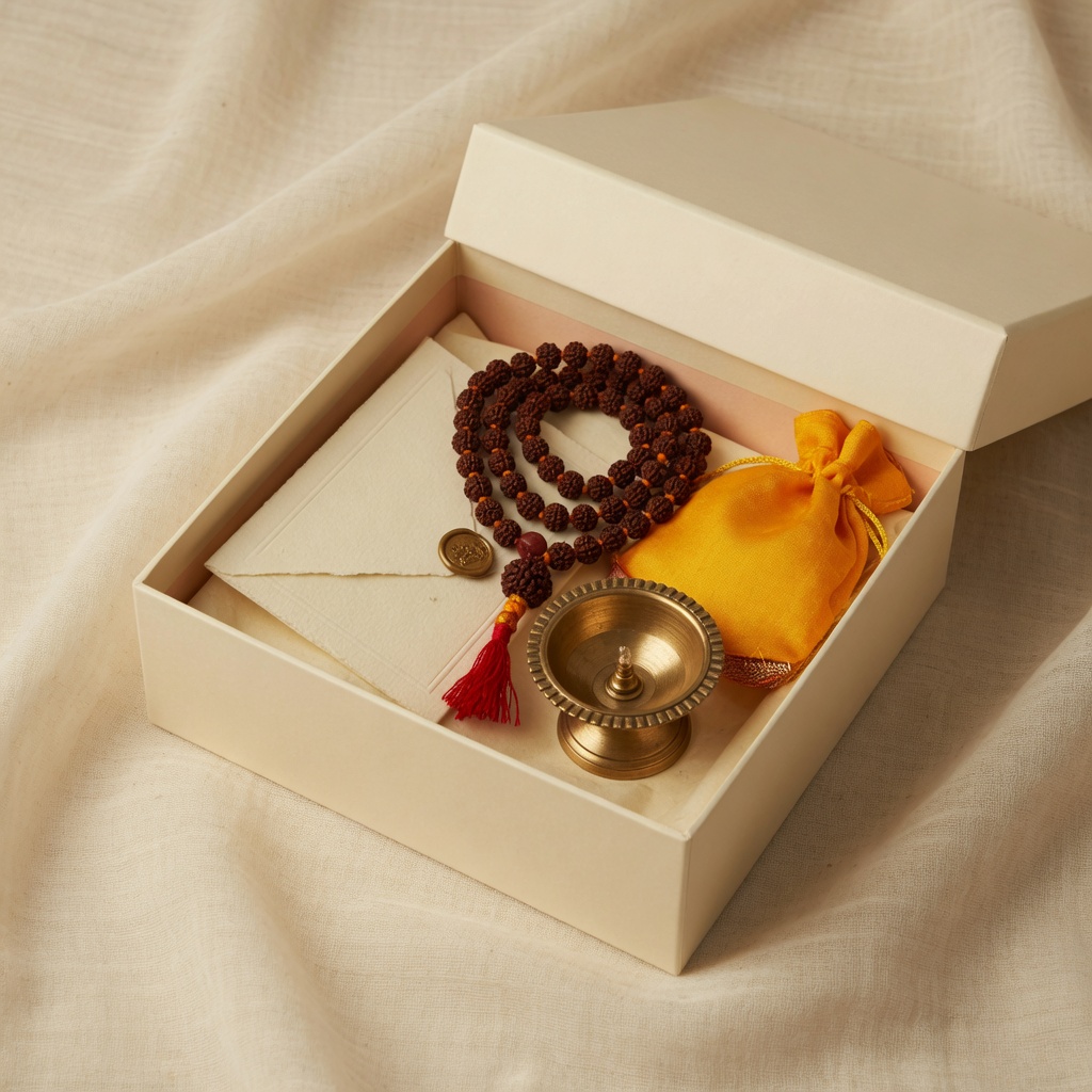 Illustration of a box with a mala and ritual materials